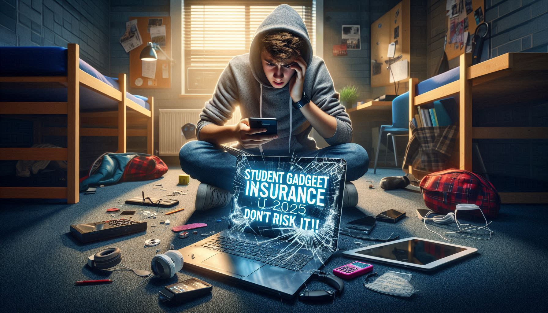 Worried UK university student in dorm room surrounded by broken gadgets, highlighting the importance of student gadget insurance.