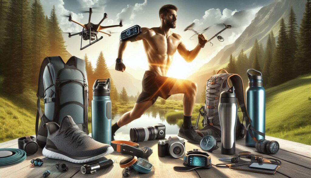 A dynamic outdoor scene featuring a fit man jogging with high-tech fitness gear, surrounded by hikin (1) Fitness and outdoor gear for men including dumbbells, a water bottle, resistance bands, and hiking accessories, set against an active, sporty backdrop.