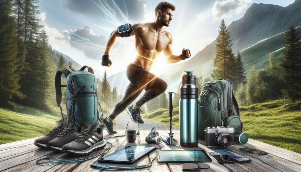 Fitness and outdoor gear including running shoes, water bottles, hiking backpacks, and fitness trackers — ideal men’s gifts under £50 for active lifestyles.