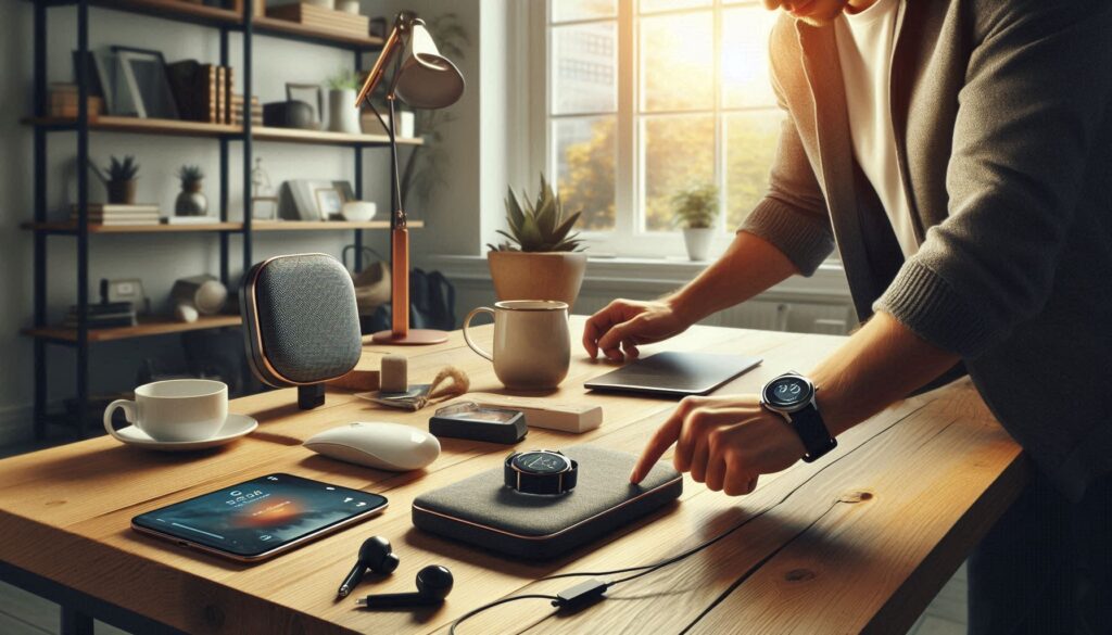 Realistic setup of everyday tech devices on a wooden desk, with a man using a smartwatch — perfect example of practical men gadgets gifts for 2025.