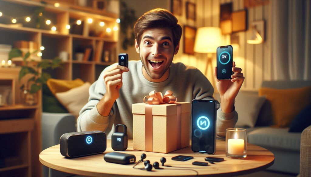 Budget-friendly men gadgets gifts like a power bank, Bluetooth tracker, and smart keychain displayed in a cozy home setting.