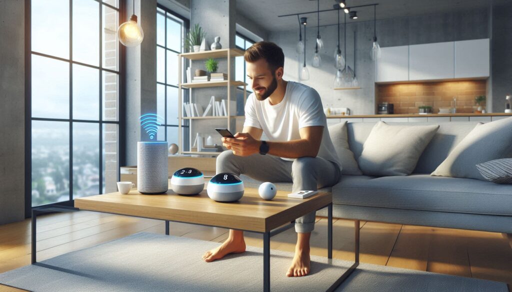 Modern living room with smart home men gadgets gifts like smart lights, speaker, and thermostat being used from a smartphone.