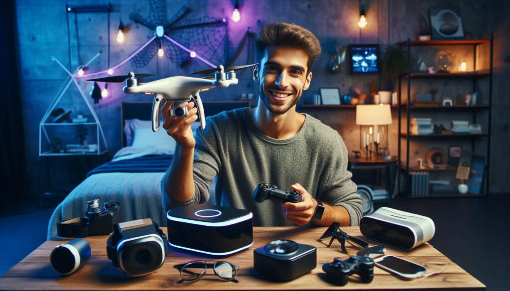 Futuristic tech gear like a drone, VR headset, and smart glasses on a desk — cool men gadgets gifts for gadget lovers in 2025.