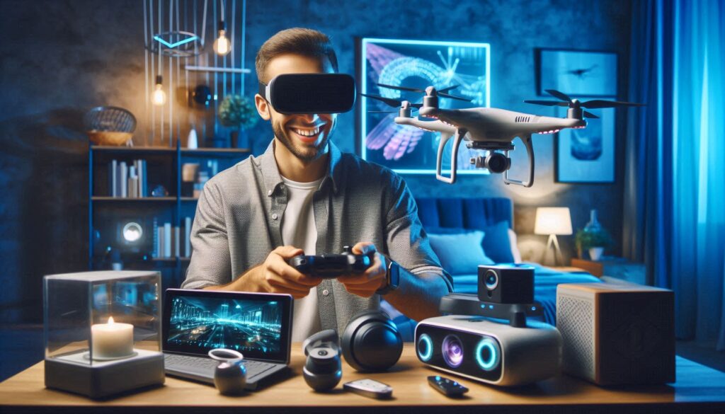 A realistic tech setup in a modern bedroom or loft with eye-catching, futuristic gadgets. Include a Tech gadgets for men under £50, including smartwatches, wireless earbuds, and portable chargers, perfect gift ideas for tech lovers.