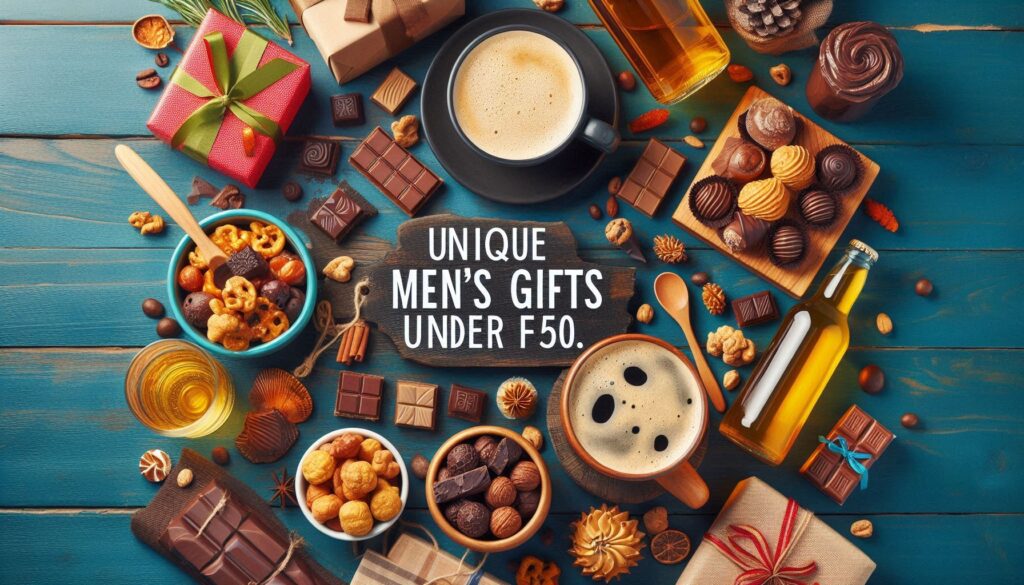 A vibrant, mouth-watering flat lay of popular food and drink items like gourmet snacks, craft beers, (1) A stylish gift set for coffee and food lovers featuring coffee mugs, gourmet snacks, and specialty brews, displayed on a cozy wooden table setup.