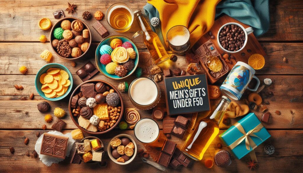 Delicious gourmet snacks, craft beers, artisan chocolates, and stylish coffee mugs arranged on a wooden table — perfect men’s gifts under £50 for food and drink lovers.