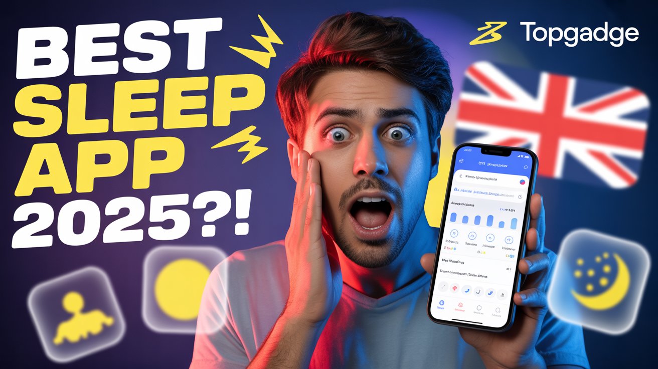 Man holding a smartphone with a surprised expression, showcasing a sleep app, with UK flag and sleep-related icons in the background.