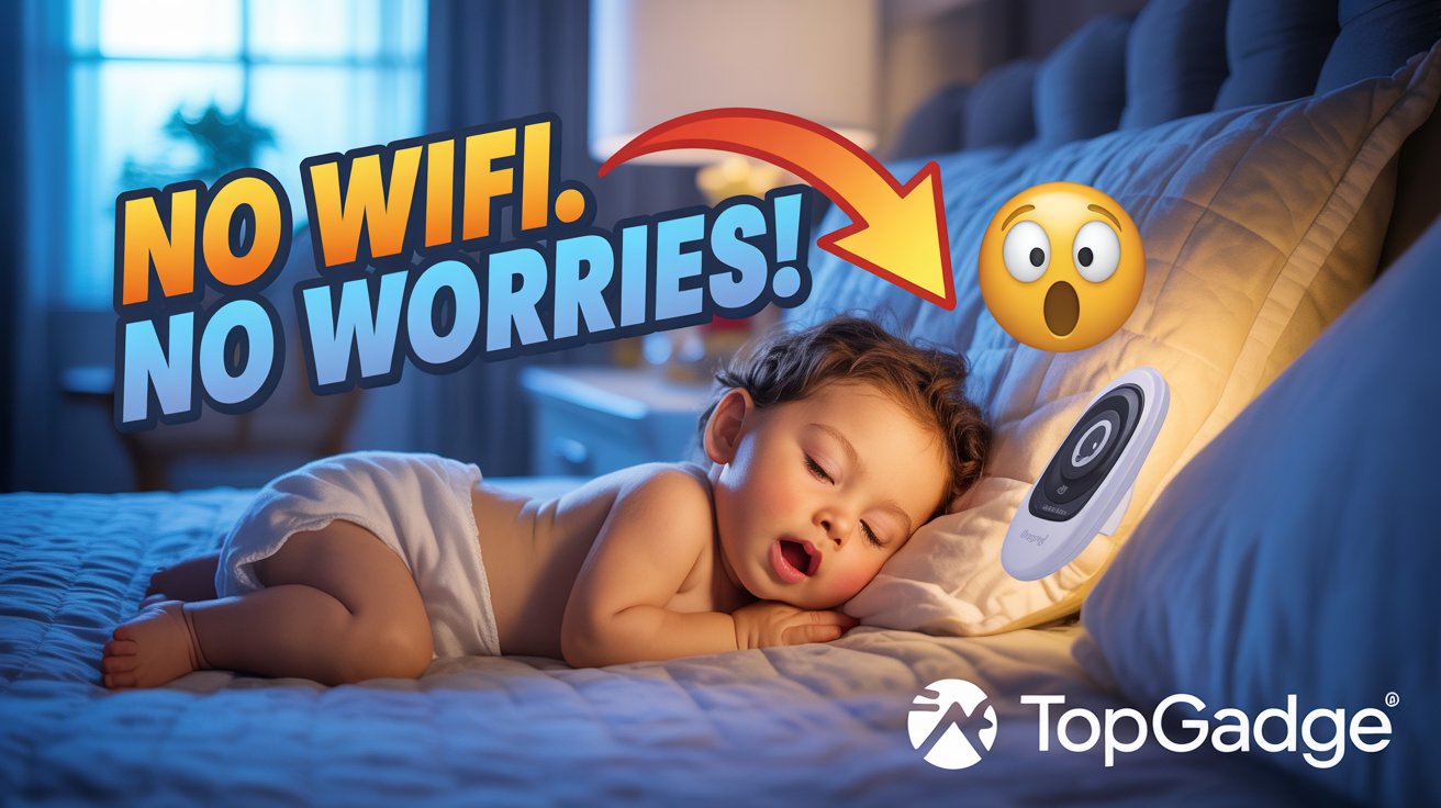 Baby sleeping peacefully next to a non-WiFi baby monitor with bold text saying "NO WIFI. NO WORRIES!" and a red arrow pointing to the monitor.