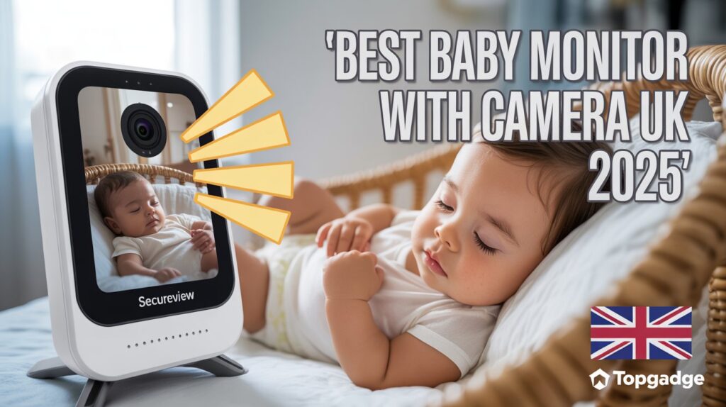 Baby Monitor with Camera Baby sleeping in crib with night vision baby monitor watching from corner, bold yellow text saying Best Baby Monitor with Camera UK 2025 and TopGadge logo.