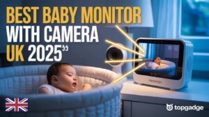 Baby sleeping in crib with night vision baby monitor watching from corner, bold yellow text saying Best Baby Monitor with Camera UK 2025 and TopGadge logo.