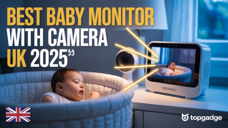 Baby sleeping in crib with night vision baby monitor watching from corner, bold yellow text saying Best Baby Monitor with Camera UK 2025 and TopGadge logo.