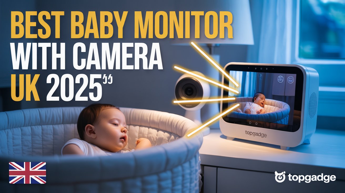 Baby sleeping in crib with night vision baby monitor watching from corner, bold yellow text saying Best Baby Monitor with Camera UK 2025 and TopGadge logo.
