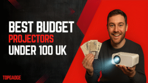 A UK man holding a budget projector and £100 cash with a glowing projector screen in a cosy home cinema setup, showing the headline 'Best Budget Projectors Under £100 UK