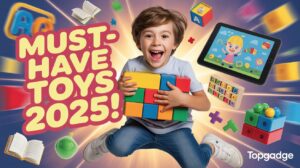 Smiling child playing with colorful learning blocks and digital toys, representing the Best Educational Toys in the UK 2025 – Topgadge.