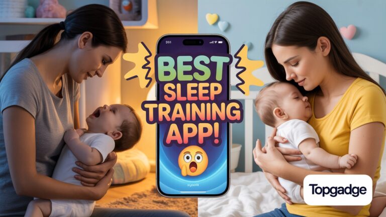 Happy mom with sleeping baby using the best sleep training app on smartphone – TopGadge
