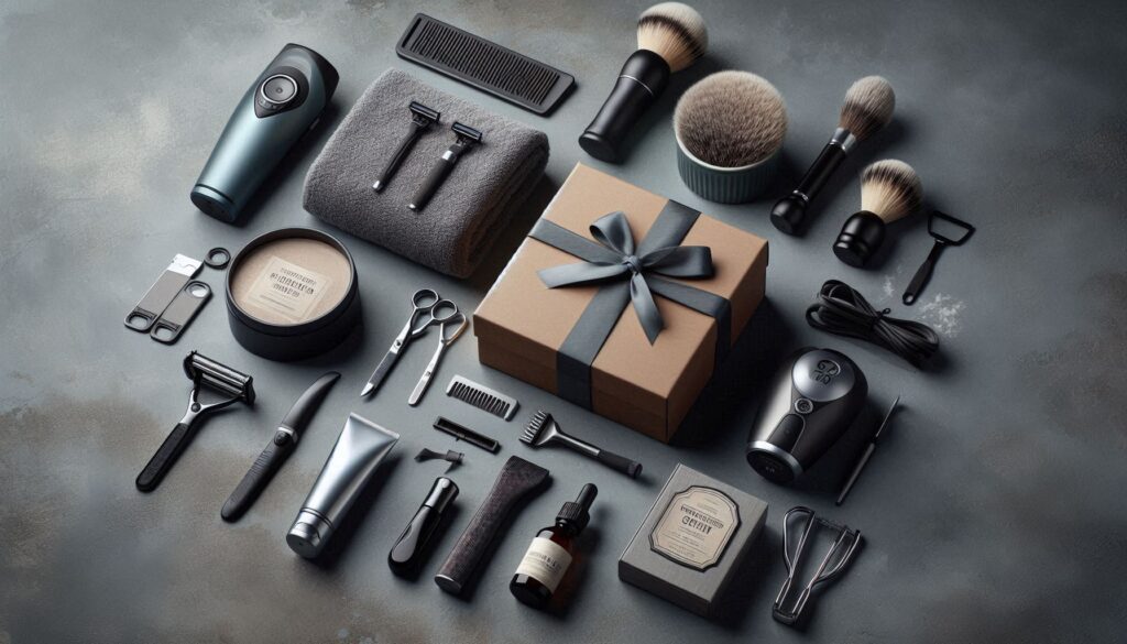 Create a high-quality image showing a flat lay of men’s grooming and self-care products under £50. I (1) A variety of men’s grooming and self-care products including shaving kits, skincare, and cologne, arranged neatly with a clean and fresh background.