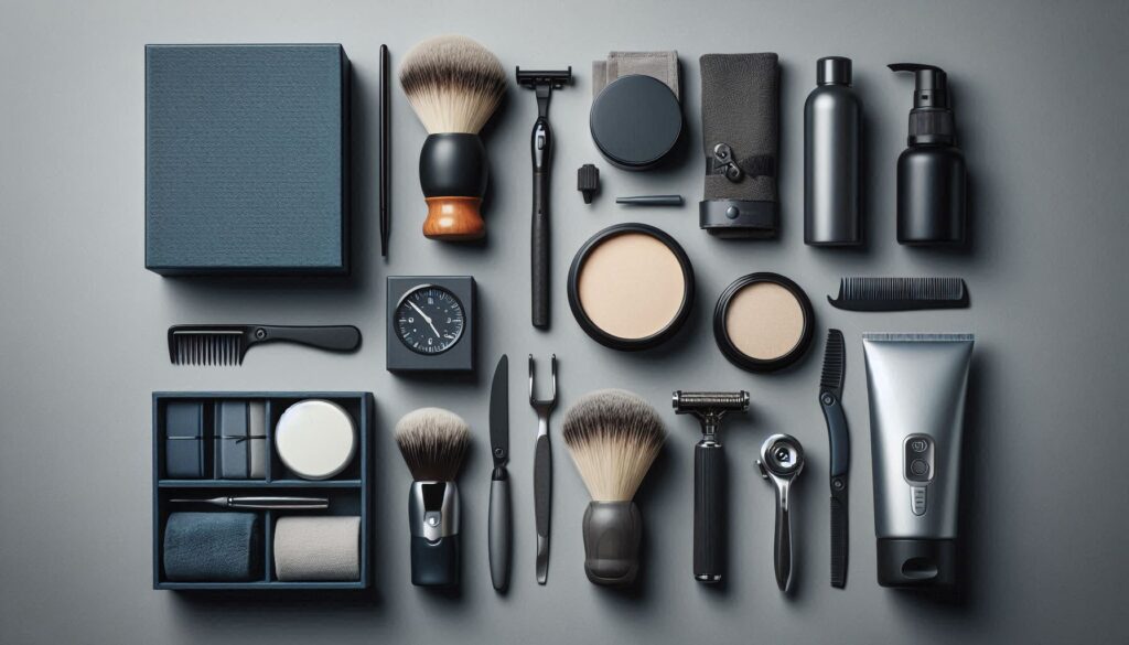Men’s gifts under £50 featuring grooming and self-care products like beard kit, electric trimmer, skincare, and shaving tools on a clean, modern background.