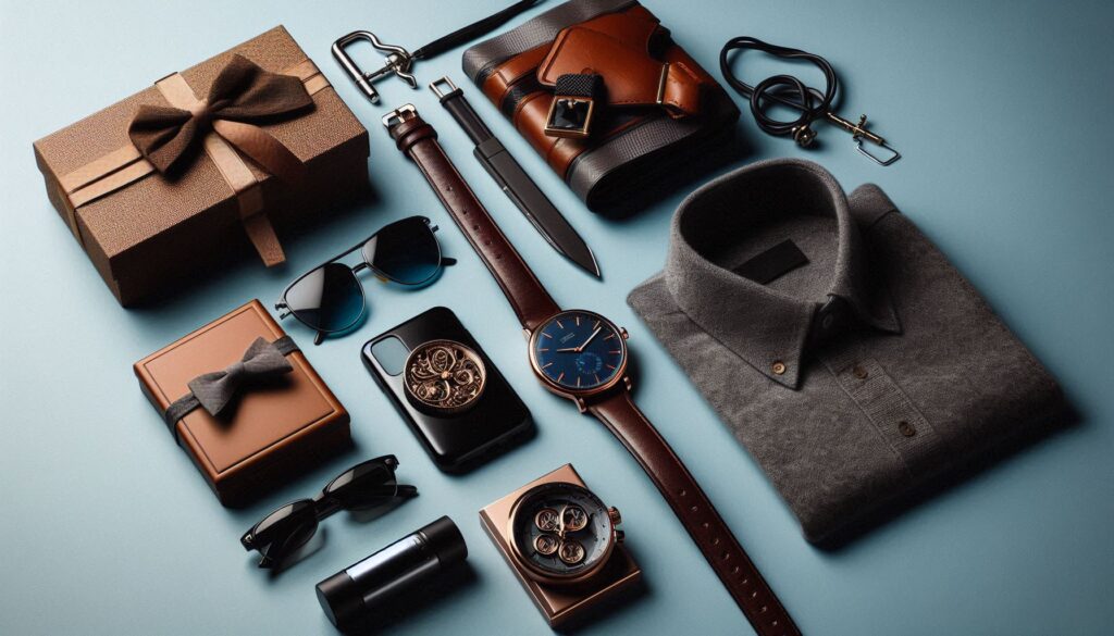 Stylish men’s fashion and accessories including watch, sunglasses, wallet, belt, and hat arranged neatly on a modern background — perfect men’s gifts under £50.