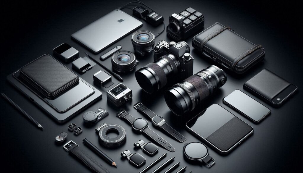 Men’s gifts under £50 featuring tech gadgets like wireless earbuds, smartwatch, portable charger, and mini speaker on a sleek surface with futuristic lighting.
