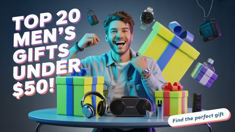 Happy man surrounded by colorful gift boxes and tech gadgets with bold text “Top 20 Men’s Gifts Under 50