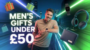 Smiling man holding budget tech gifts with "Men’s Gifts Under £50" text, vibrant background with gadgets and gift icons.