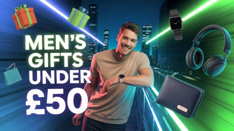 Smiling man holding budget tech gifts with "Men’s Gifts Under £50" text, vibrant background with gadgets and gift icons.