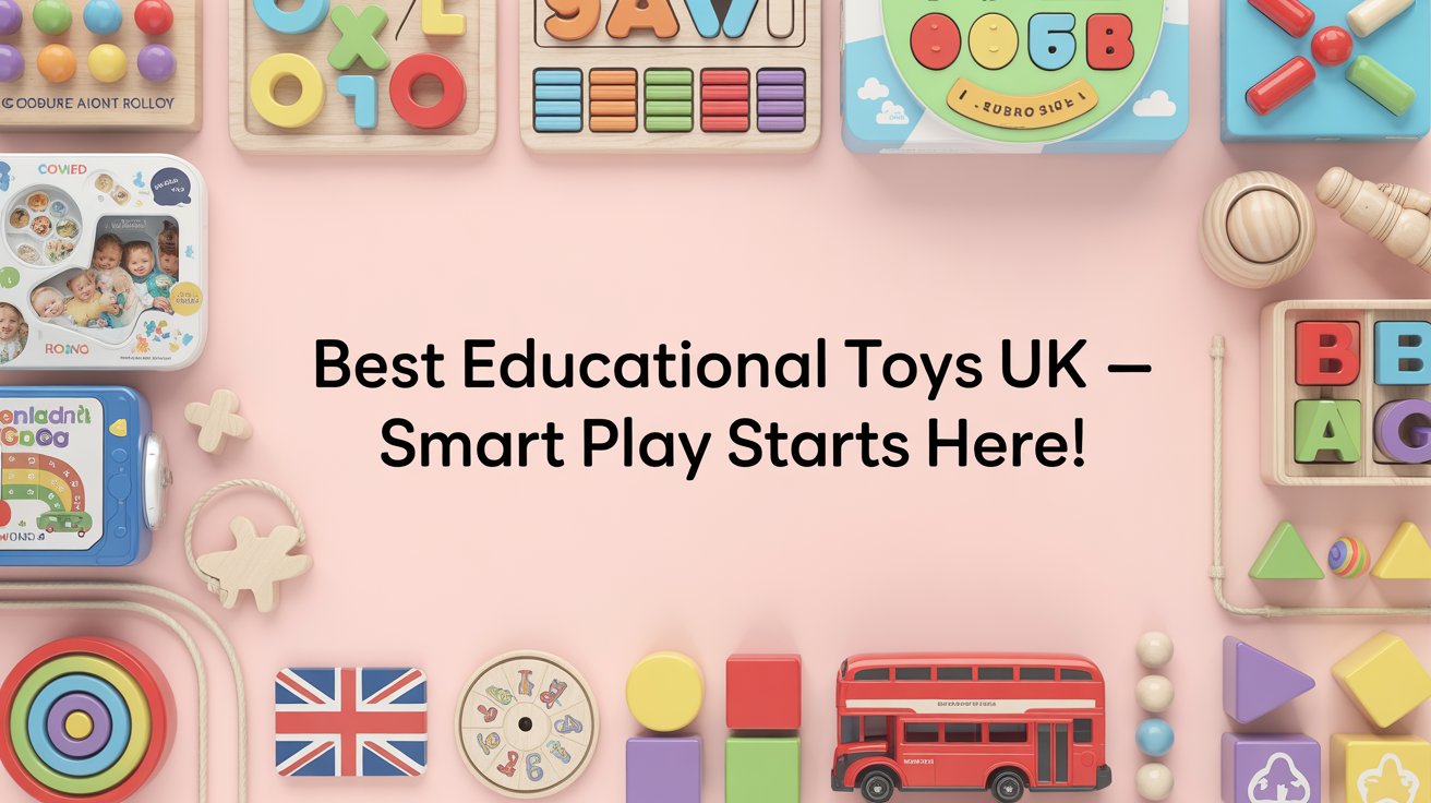 Flat lay of best educational toys UK for kids with pastel background, UK flag, red toy bus, and bold catchy headline