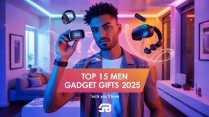 Man holding tech gadgets in a modern living room – featured image for Top 15 Men Gadget Gifts 2025