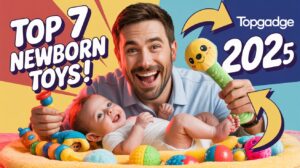 Smiling dad showing educational toys for newborn with baby on colorful play mat; bright and engaging background with TopGadge branding.