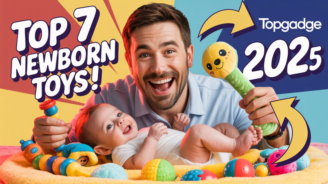 Smiling dad showing educational toys for newborn with baby on colorful play mat; bright and engaging background with TopGadge branding.