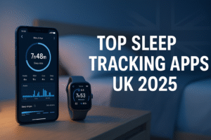 Smartphone and smartwatch showing sleep tracking stats beside a bed — UK tech focus.