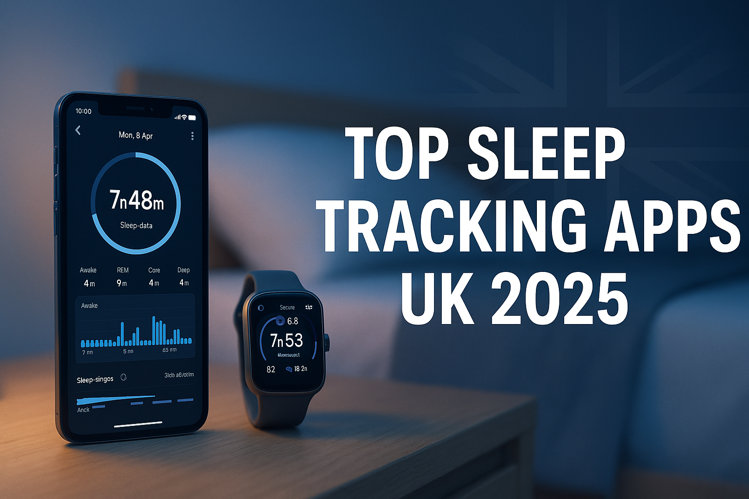 Smartphone and smartwatch showing sleep tracking stats beside a bed — UK tech focus.