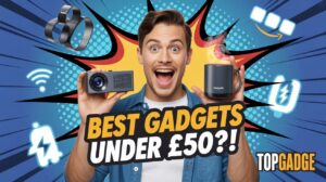 Unique Men’s Gadgets UK for Gift Ideas Under £50 – Excited man holding smart mug and mini projector with bold comic-style background.