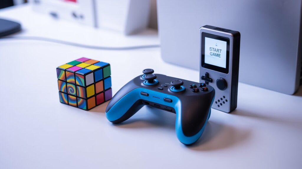 a-photograph-showcasing-a-collection-of-_lsc4a-uuQaqdFR6iKzJRkg_sbS-NJ6VS7-z5D9nzO0cRA Fun and games gadgets including a wireless game controller, puzzle cube, and portable handheld gaming device, ideal men’s gifts under £50.
