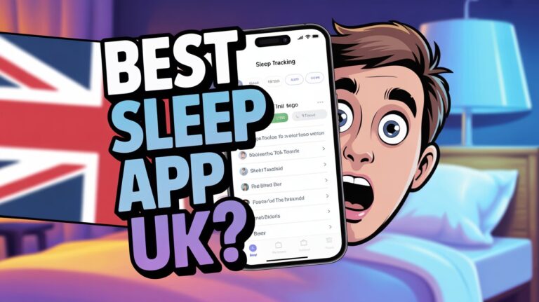 Mobile screen showing Sleep Cycle and Calm apps with UK flag background – best sleep app UK thumbnail style.