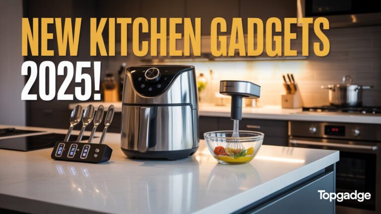 Modern kitchen counter with latest 2025 gadgets including air fryer, digital spoon, and smart mixer – TopGadge branding