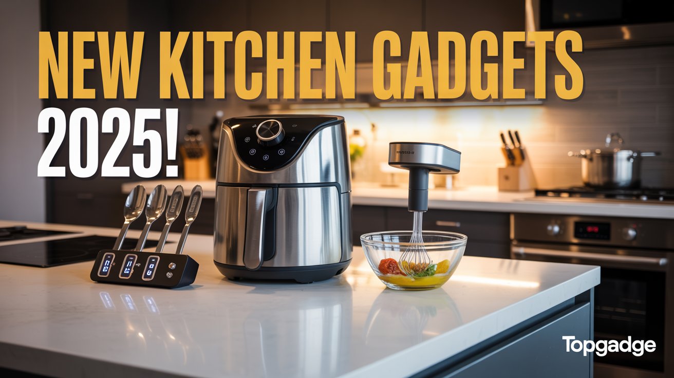 Modern kitchen counter with latest 2025 gadgets including air fryer, digital spoon, and smart mixer – TopGadge branding