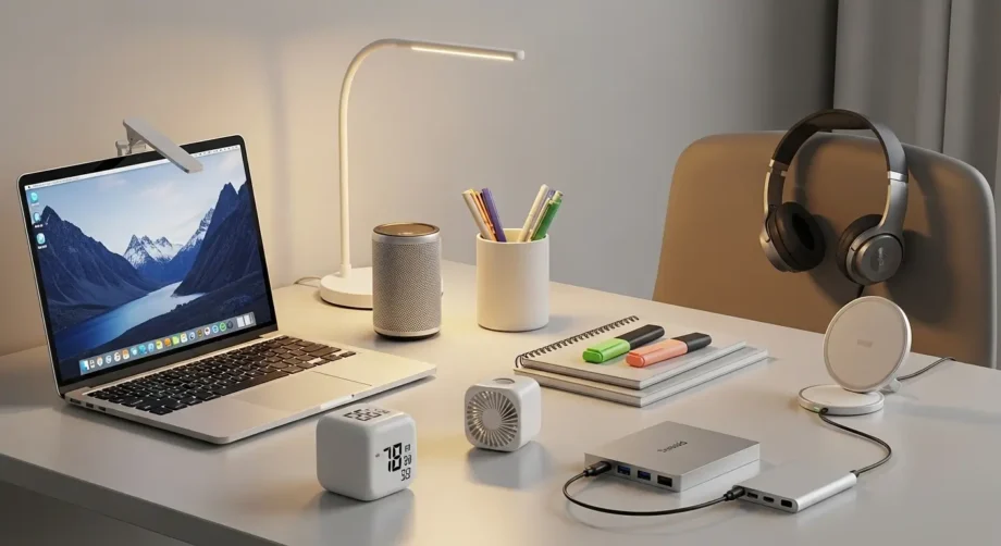 Top 10 budget gadgets for students organized on a productive study desk - multi-port charger, wireless earbuds, portable monitor, and essential study tools