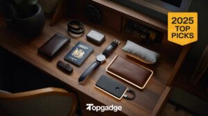 Flat-lay of Best Affordable Luxury Travel Accessories for Men showcasing a passport holder, leather wallet, wristwatch, power bank, earbud case, and travel pillow on a dark wooden surface.
