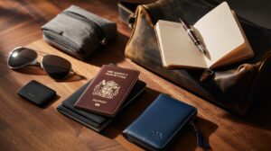Flat-lay of best affordable luxury travel accessories for men UK, including a British passport, wallet, Dopp kit, sunglasses, packing cubes, and leather bag on a wooden desk.