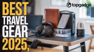 Best travel accessories for men including power bank, RFID wallet, headphones, and gear — MrBeast-style thumbnail with TopGadge branding.