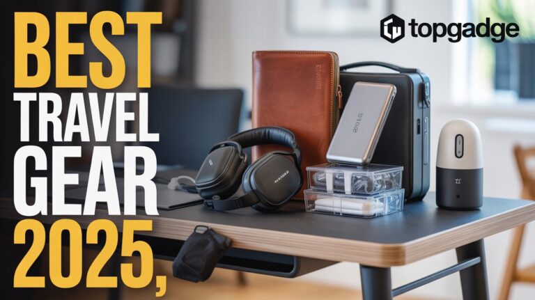 Best travel accessories for men including power bank, RFID wallet, headphones, and gear — MrBeast-style thumbnail with TopGadge branding.