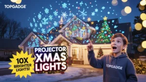 Projector Xmas Lights glowing on a house with festive projections and a MrBeast-style shocked reaction.