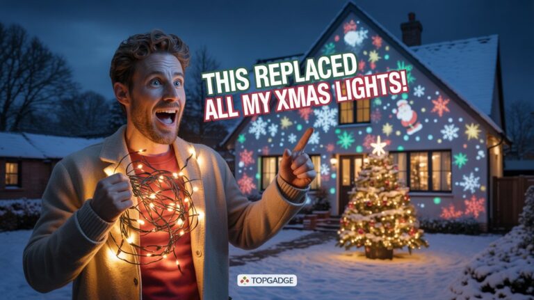 British man amazed by colourful Projector Xmas Lights on his house, holding tangled string lights in snowy front garden.