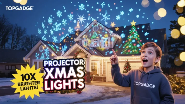 Projector Xmas Lights glowing on a house with festive projections and a MrBeast-style shocked reaction.