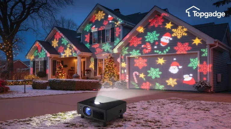 Projector for outdoor Christmas lights illuminating a festive home with snowflake and Santa patterns at night.