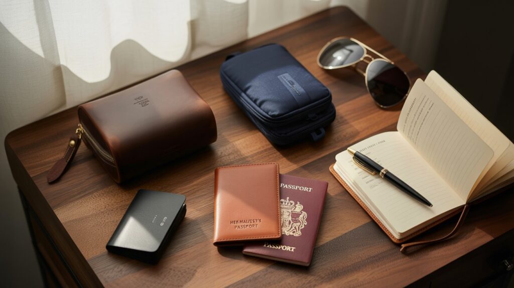 Flat-lay of best affordable luxury travel accessories for men UK, including a British passport, wallet, Dopp kit, sunglasses, packing cubes, and leather bag on a wooden desk.