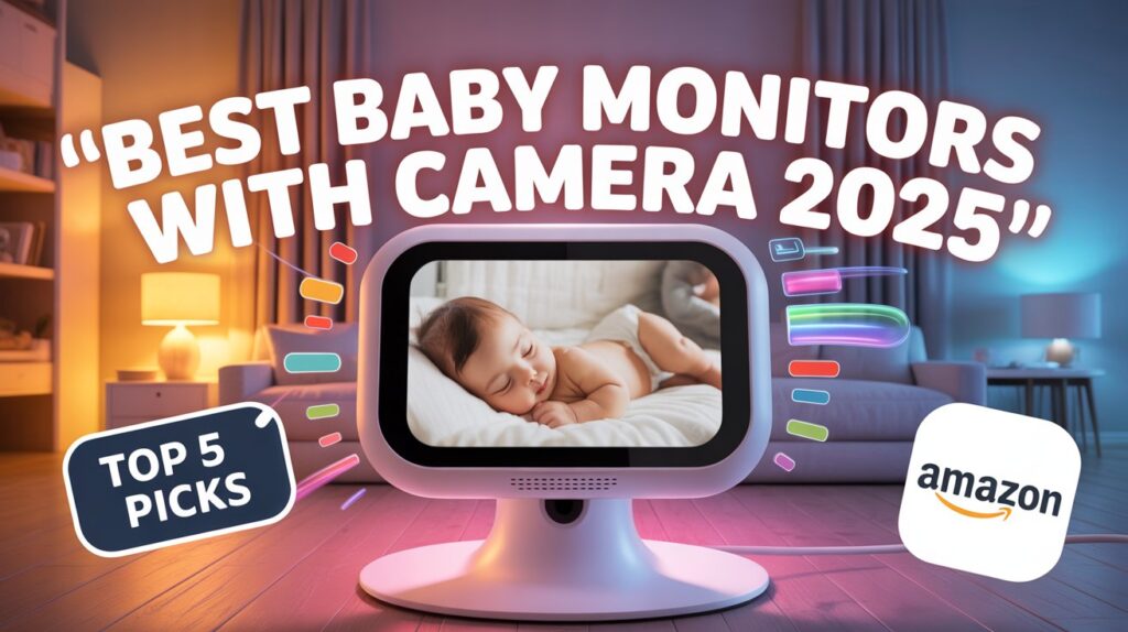 Top 5 best baby monitors with camera 2025 shown on a modern screen with parents watching their baby.