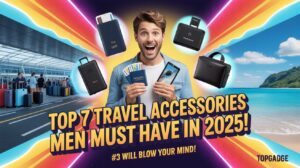 Excited man holding travel essentials with glowing accessories floating around him, airport and beach background, bold text “Top 7 Travel Accessories Men Must Have in 2025!