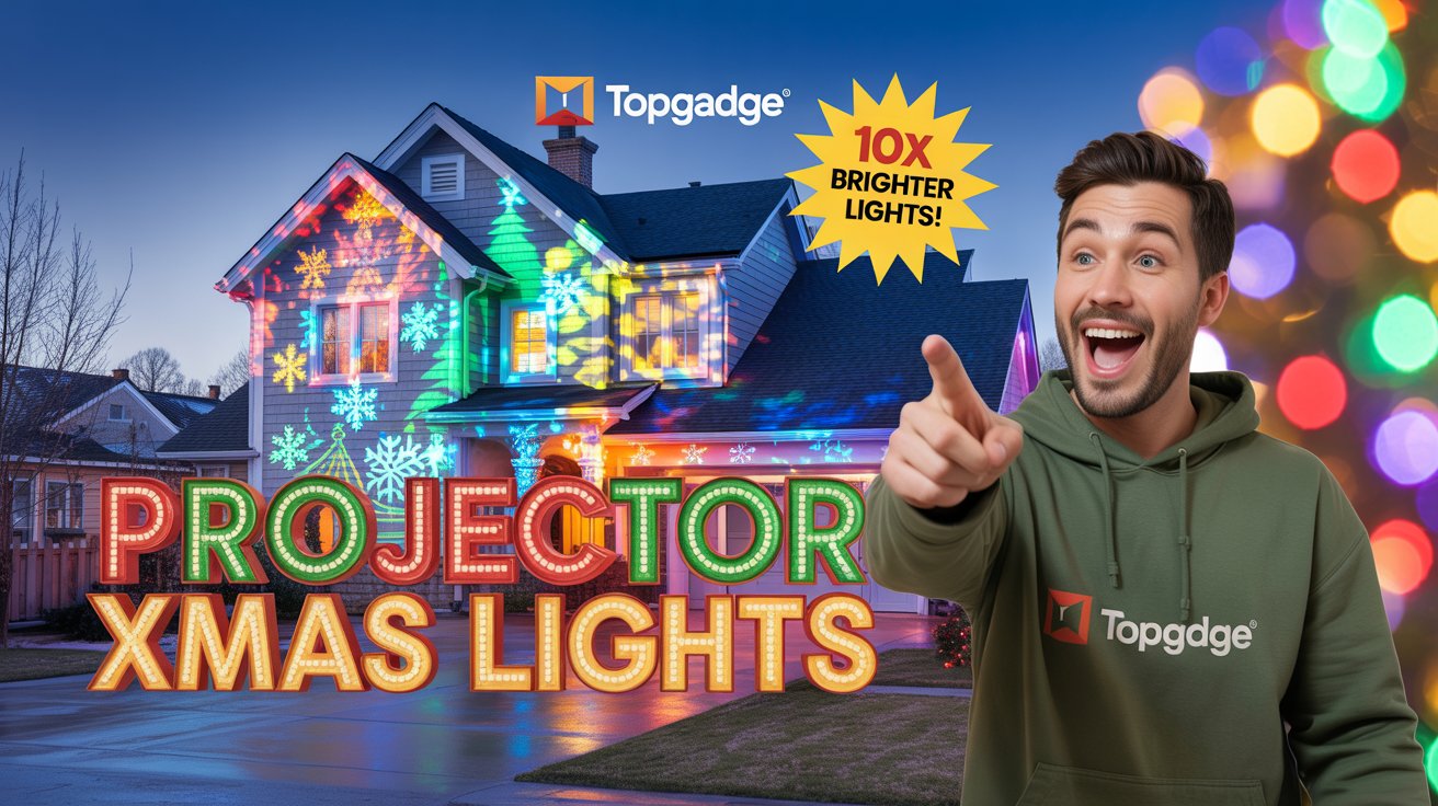 Man excitedly pointing at a house decorated with bright projector Xmas lights, showcasing festive snowflake and Christmas tree patterns, with Topgadge branding.